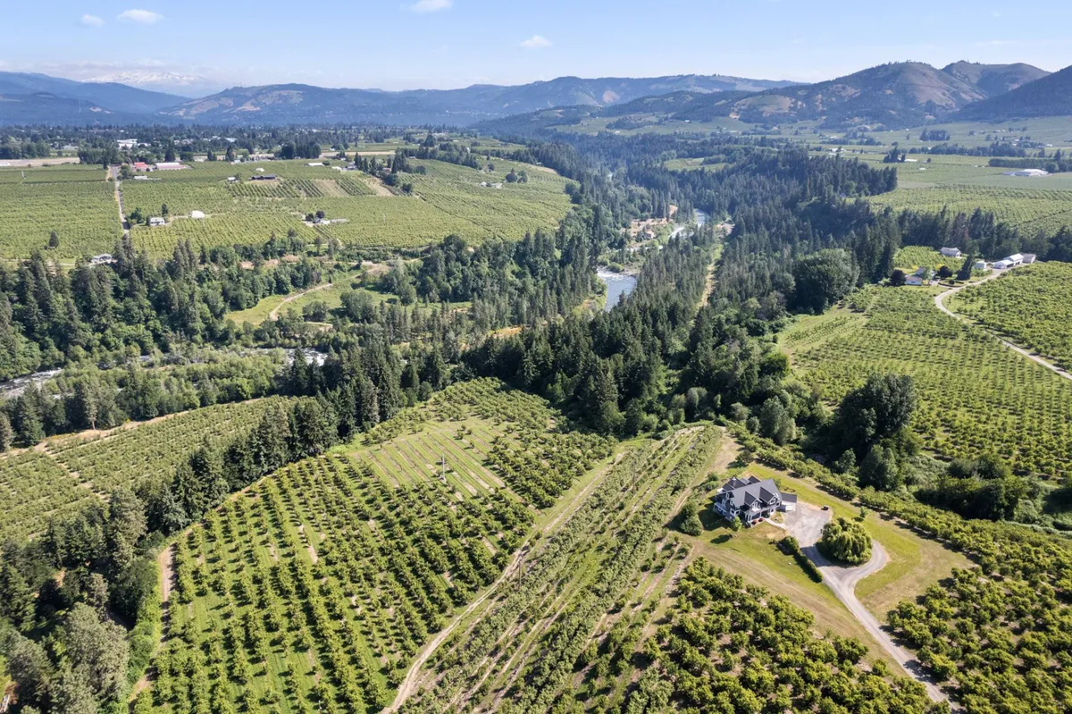 A sweeping view encompasses vineyards, a river, rolling mountains, and the estate itself, offering a sense of place within the larger landscape. The image hints at seasonal activities like harvest festivals, wildlife spotting, and outdoor adventures, all set in the peaceful rhythm of countryside life.
